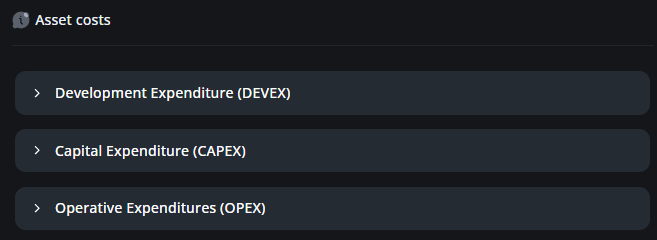 Asset costs: DEVEX, CAPEX and OPEX, detailed per asset