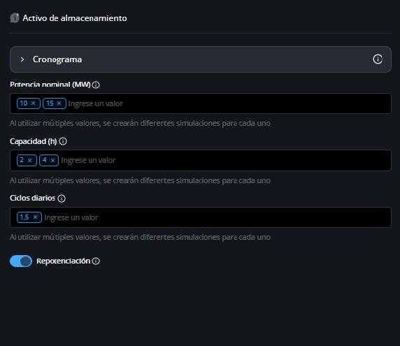 Activo de almacenamiento: potencia nominal, capacidad, ciclos diarios y repotenciación; varios valores generan simulaciones en paralelo