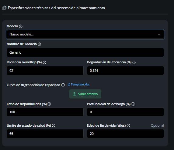 Especificaciones técnicas del BESS: eficiencia round-trip, curvas de degradación, umbral de SoH y edad de fin de vida